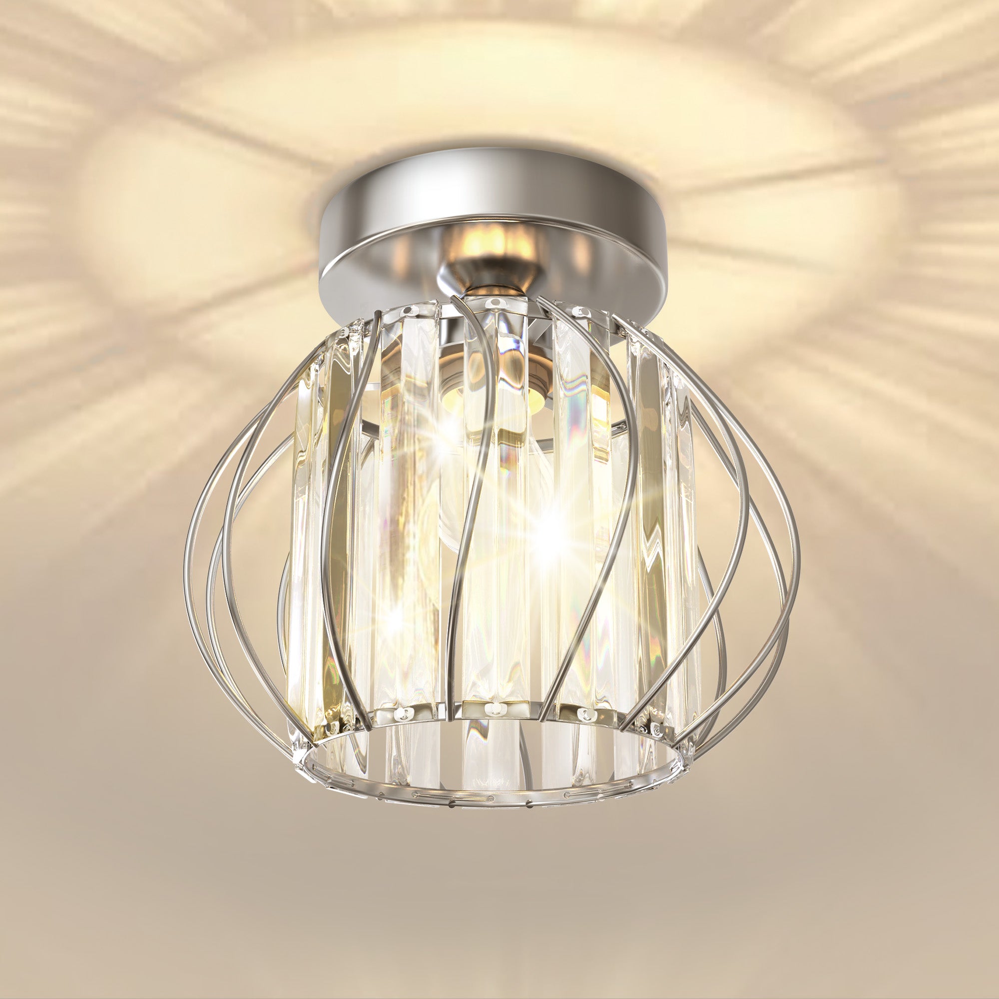 Flush Mount Ceiling Light, Black Modern Crystal Semi Cage Design