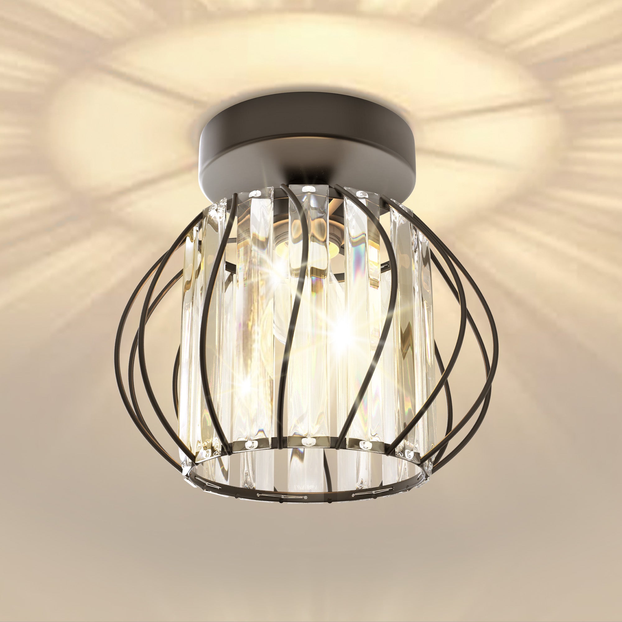 7 in. 1-Light Black Modern Crystal Semi Flush Mount Ceiling Light for Hallway, Entryway, or Bedroom with Cage Design
