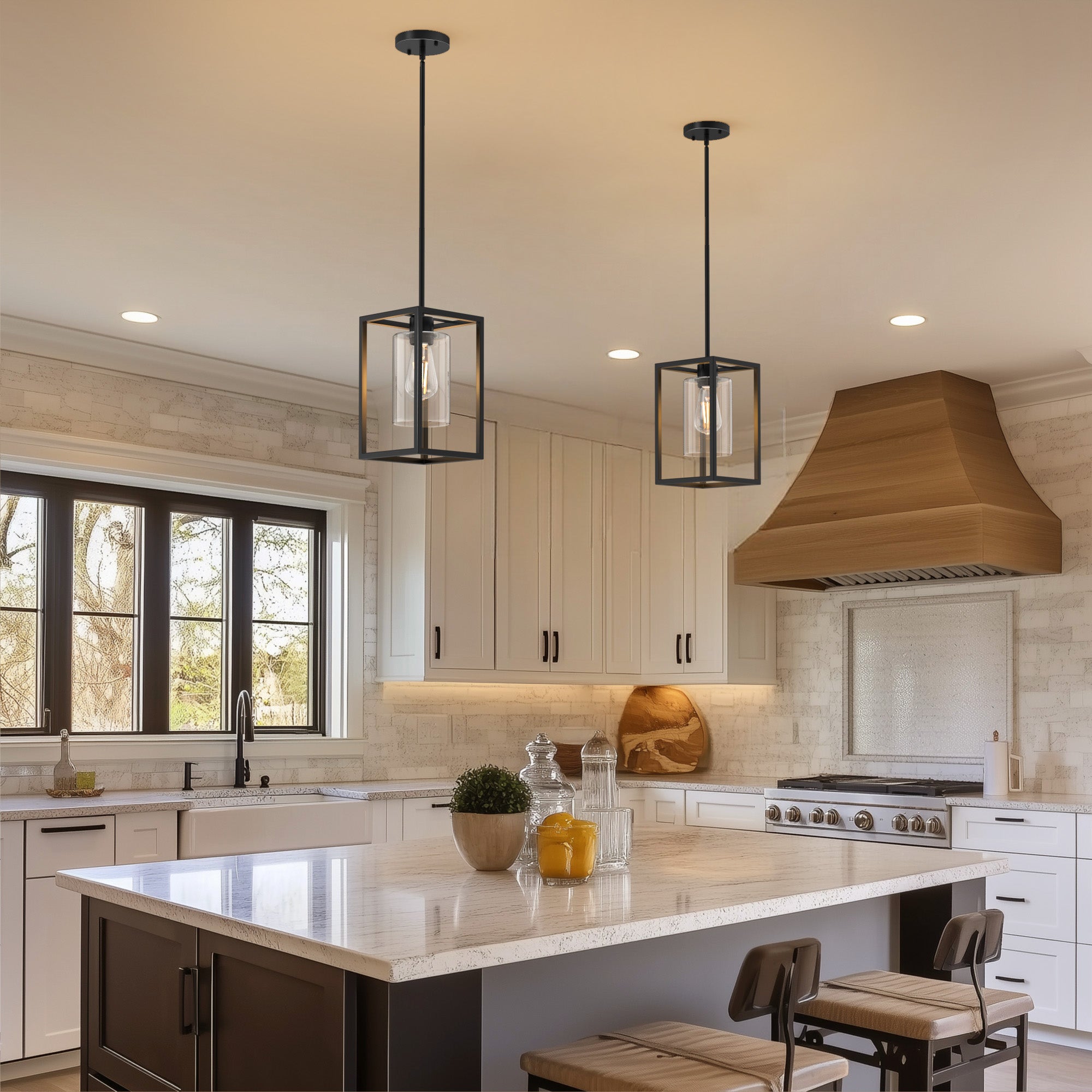 LOHAS LED Vintage 1-Light Classic American Black Pendant Light with Metal Frame and Glass Shade E26 for Dining Room and Kitchen