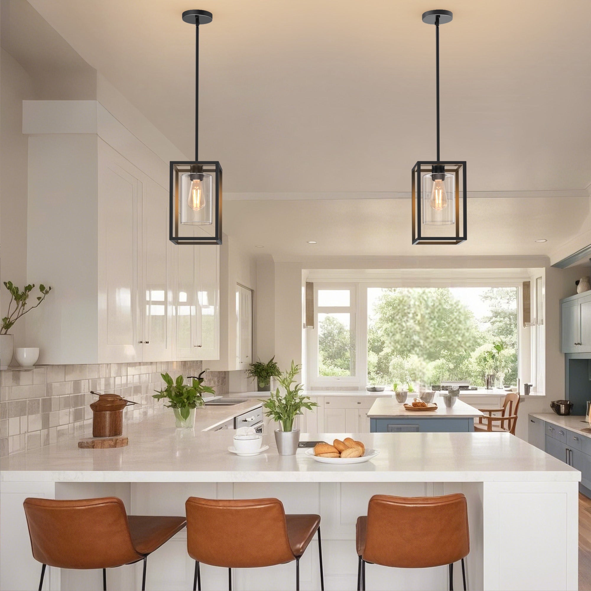 LOHAS LED Vintage 1-Light Classic American Black Pendant Light with Metal Frame and Glass Shade E26 for Dining Room and Kitchen