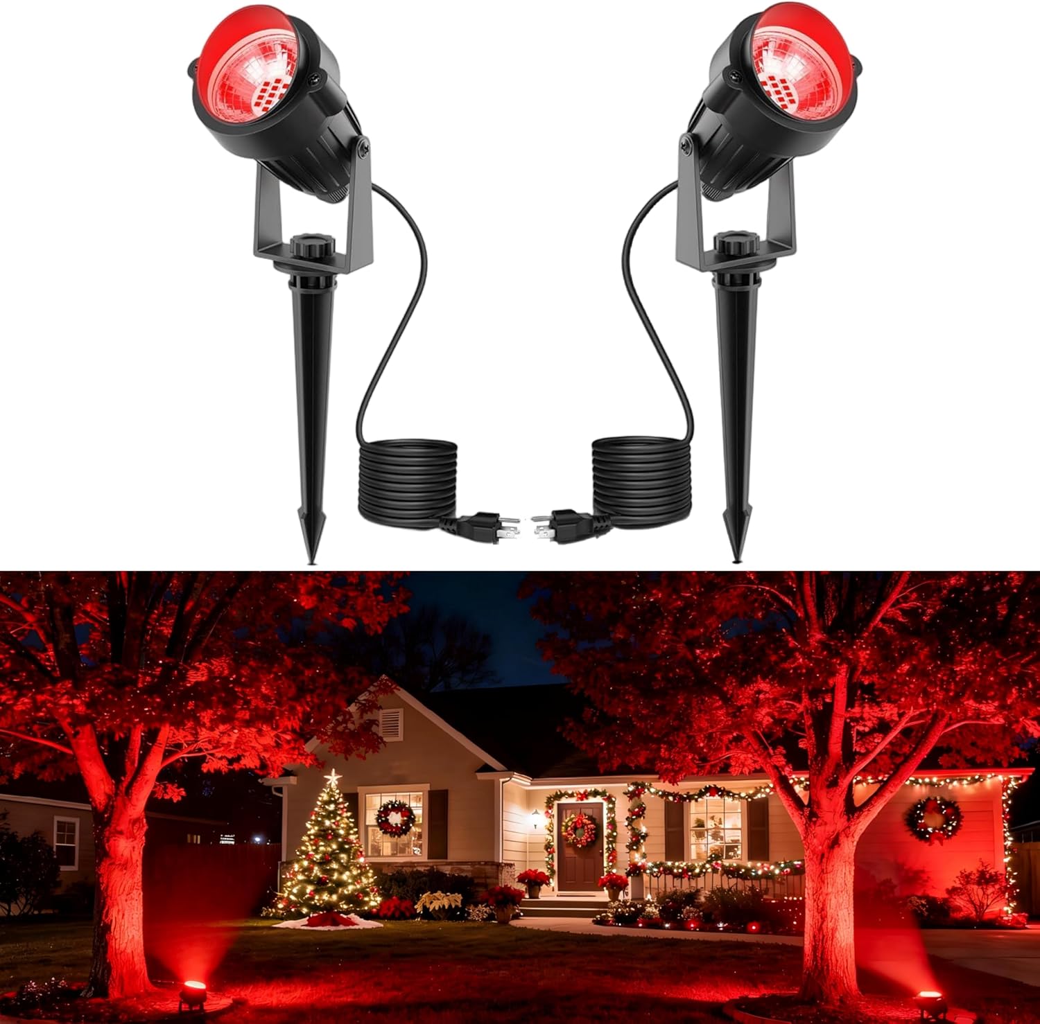 Dusk to Dawn Outdoor LED Spotlights, 5W Red Light Landscape Lights, 2-Pack, IP66, UL Plug
