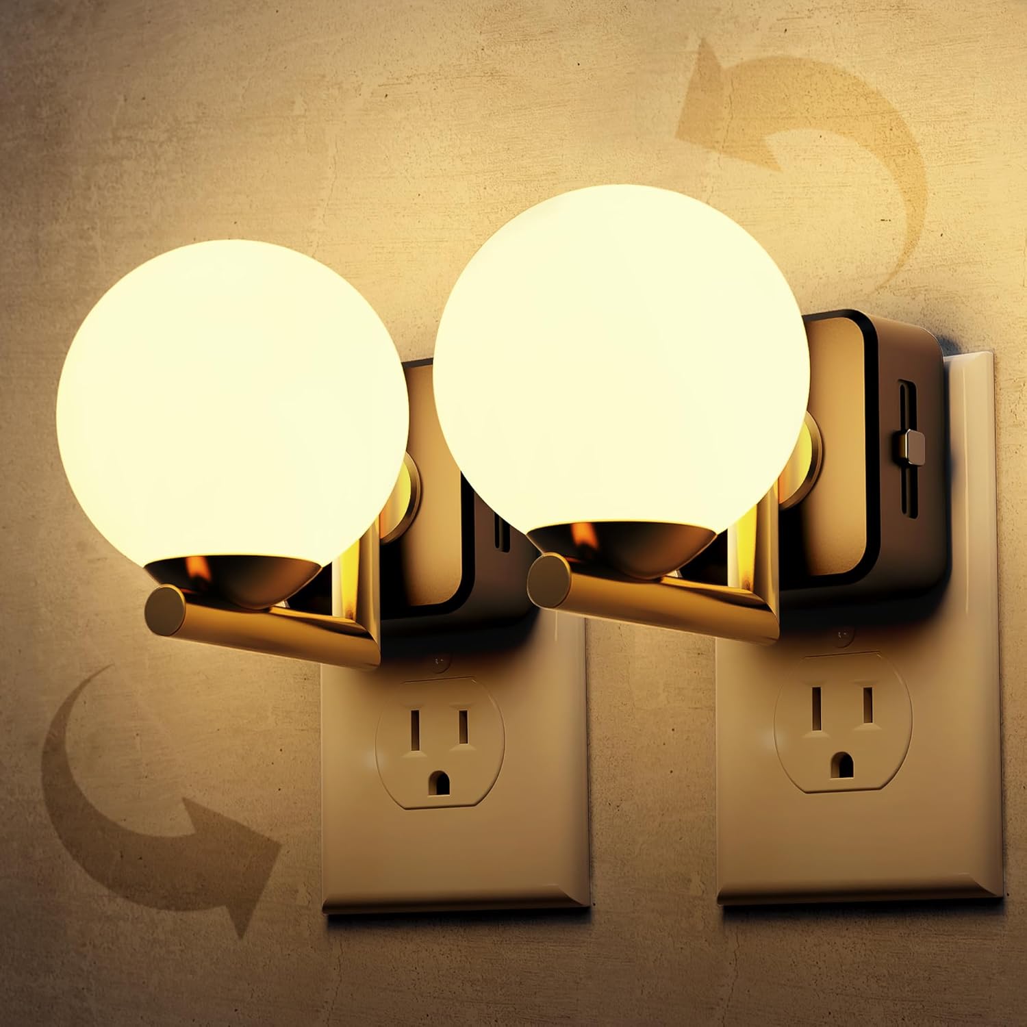 Night Light Opal Globe, 1W Dimmable, L-Shape, 2-Pack, Plug-in Dusk to Dawn