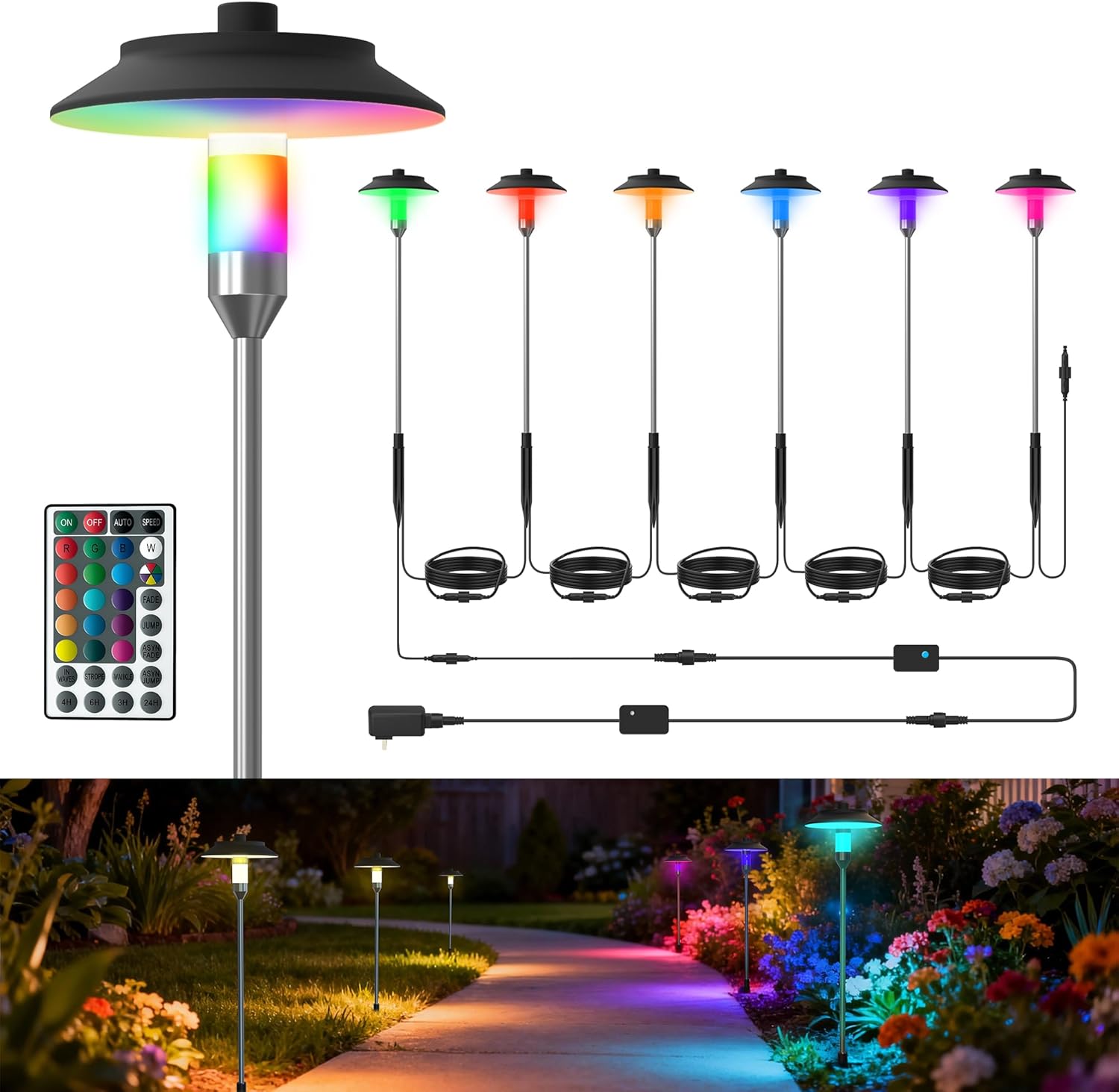 Low Voltage RGBW Pathway Lights with Dusk to Dawn, 6-Head, 12V, Remote Control, IP65, Black