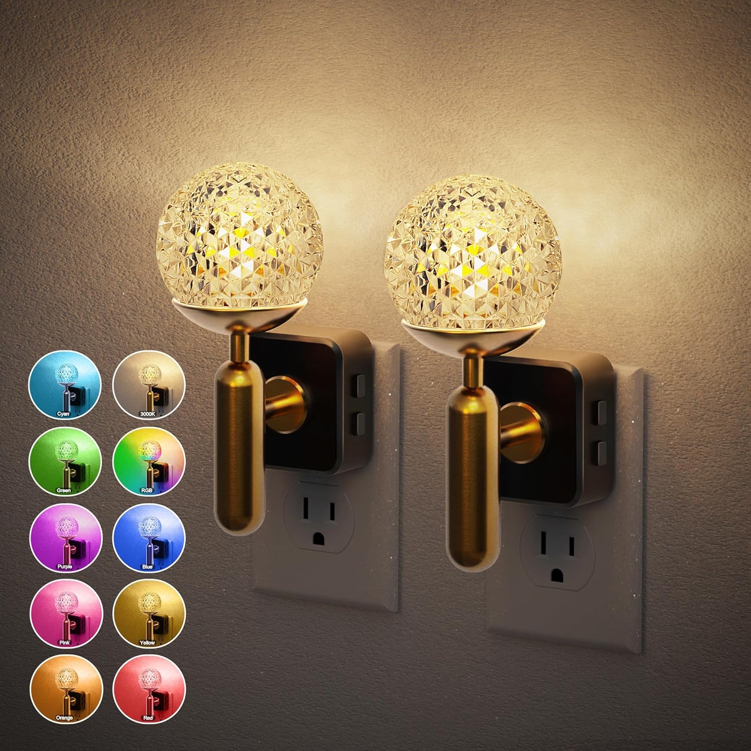 Night Light T-Bar Honeycomb Sphere, 1W RGB, 2-Pack, Plug-in Dusk to Dawn