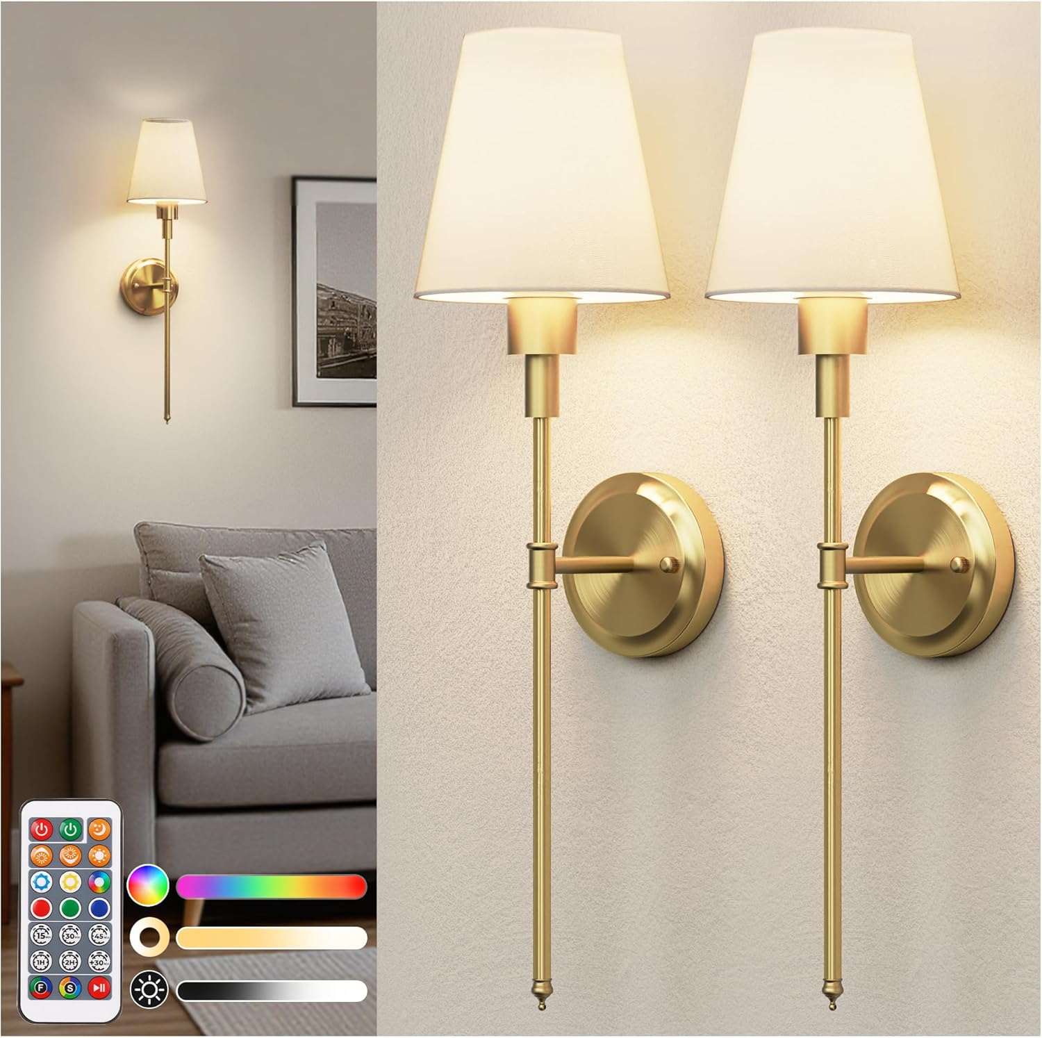 Wall Sconce Battery Operated, Gold with 15 Color Modes