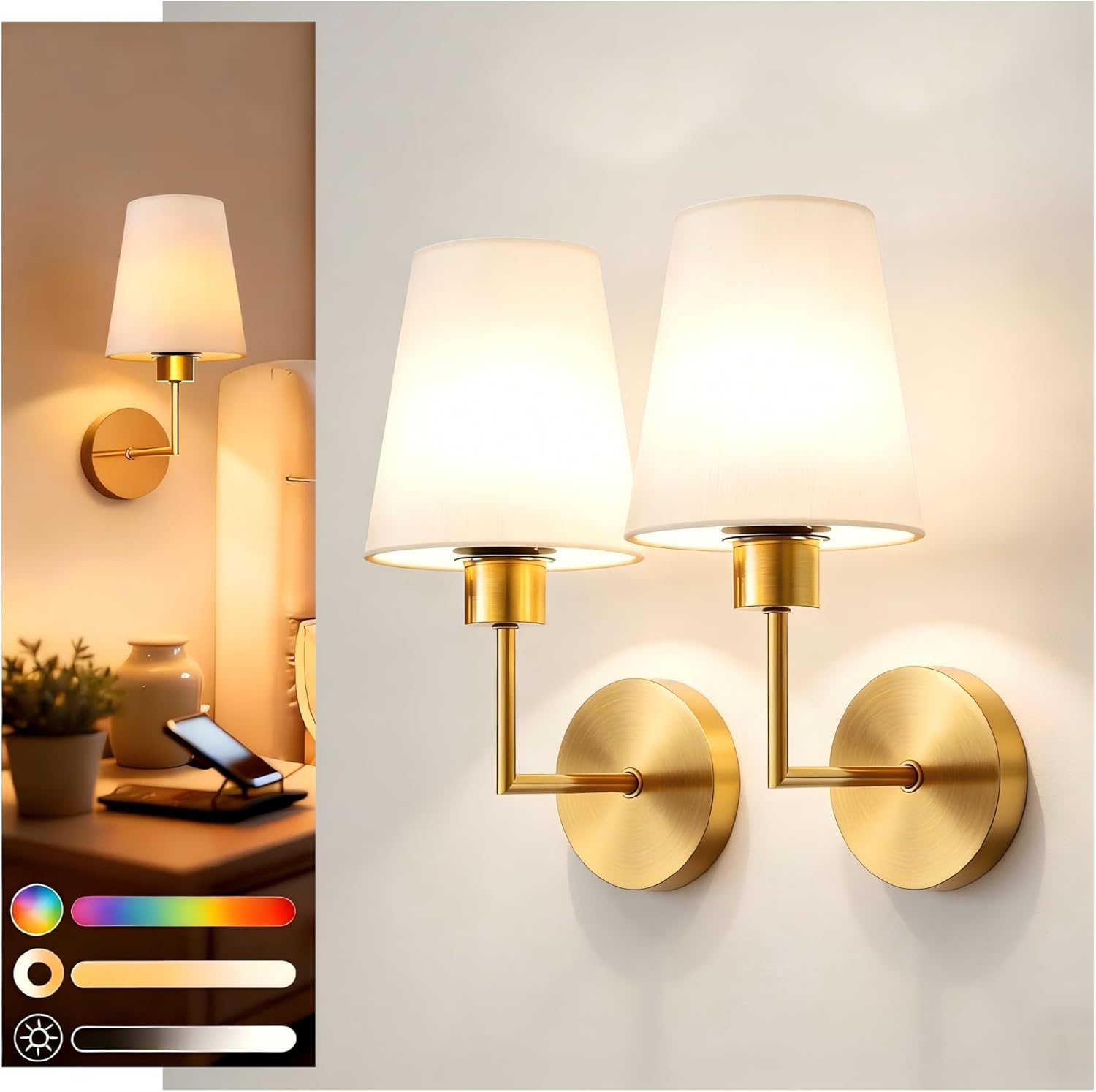 Rechargeable Wall Sconce, 2-Pack, Brass Fabric Shade, 13.8", Remote RGB+CCT Dimmable