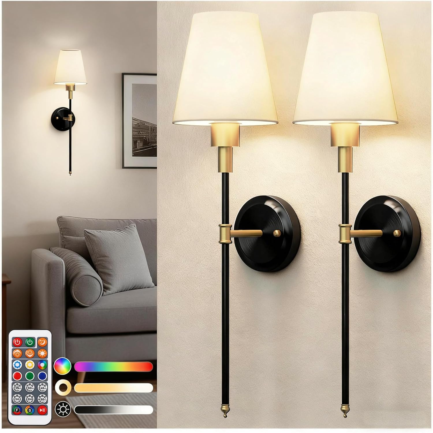 Rechargeable Wall Sconce, 2-Pack, Black & Brass Fabric Shade, 25cm Arm, Remote RGB+CCT