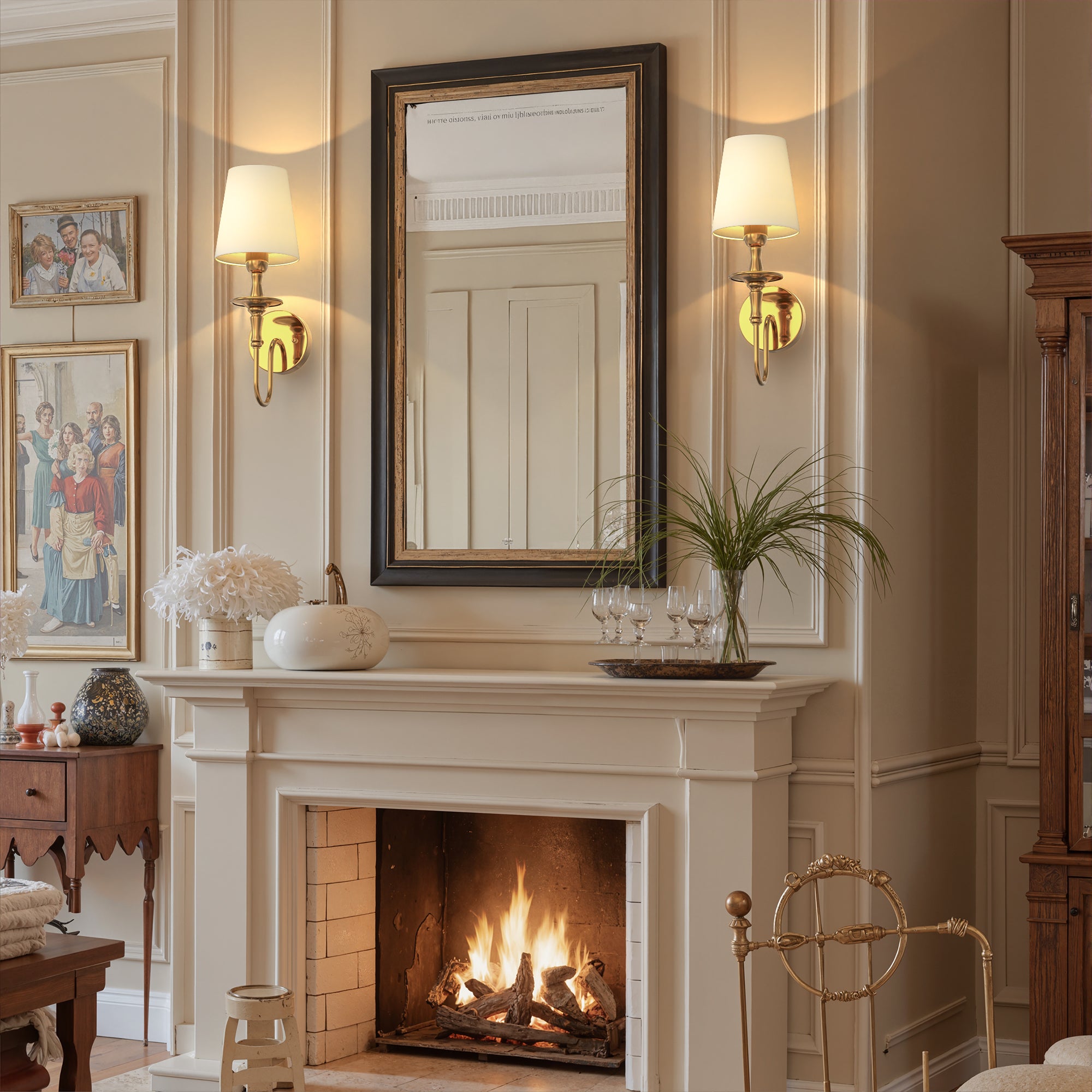 Classic Brushed Gold Wall Sconce with Fabric Shade