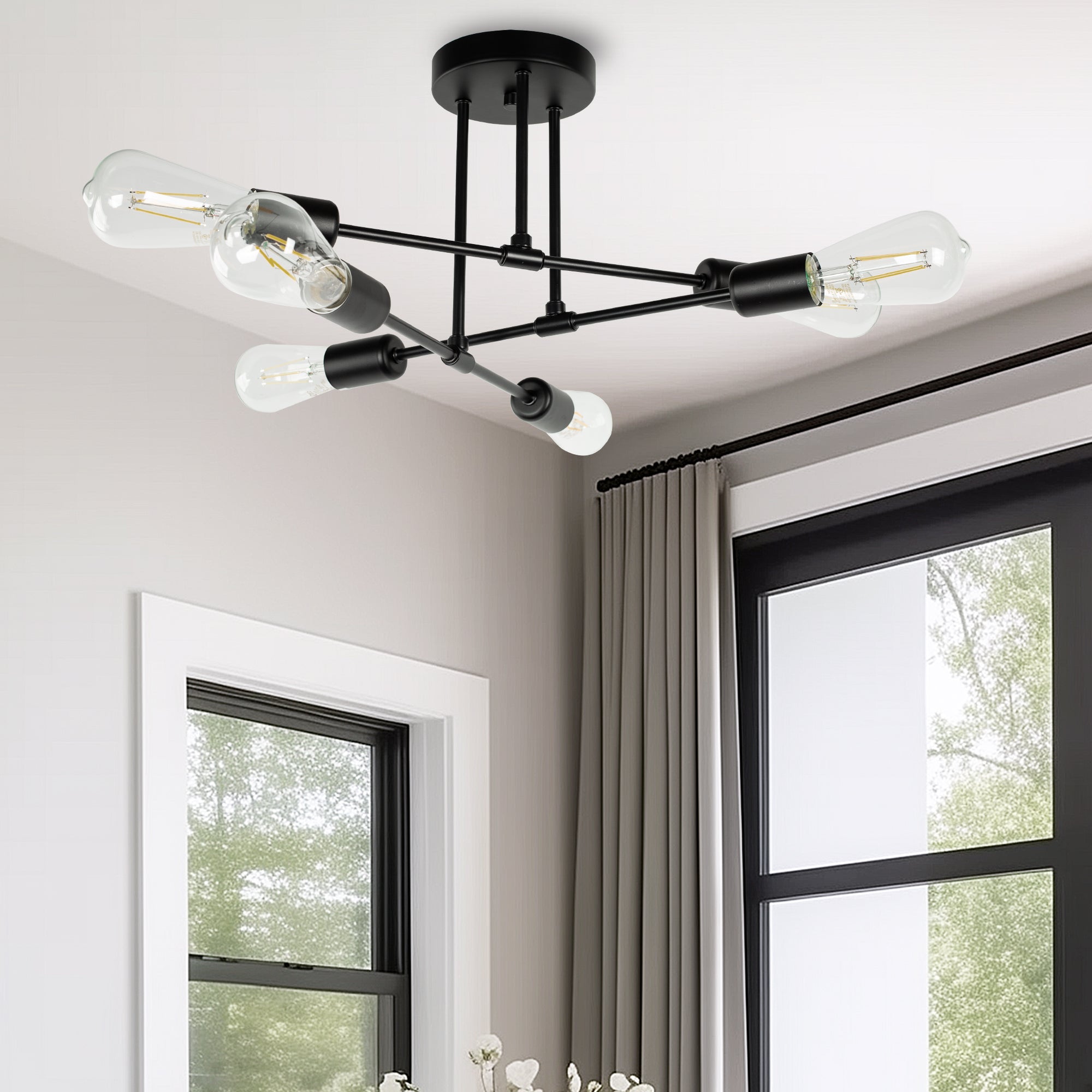 6-Light Semi Flush Mount, Black Sputnik Modern Linear