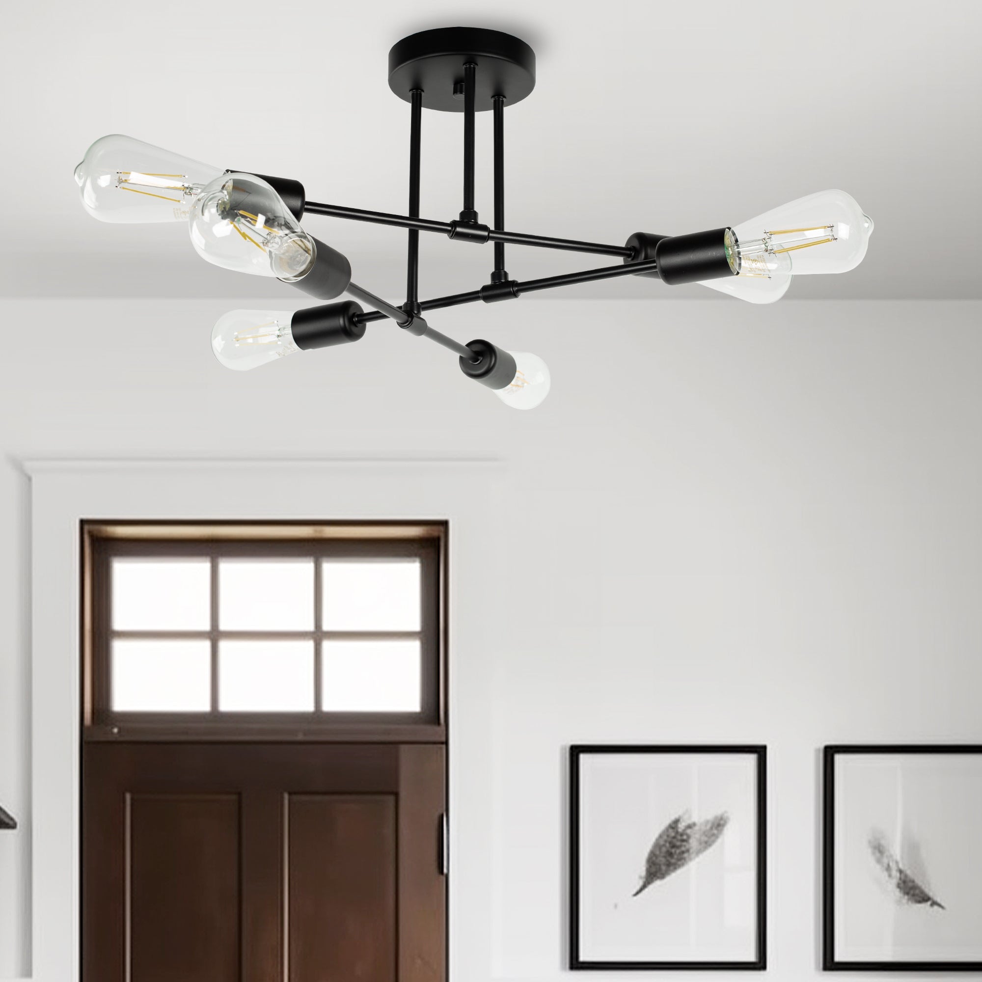 6-Light Semi Flush Mount, Black Sputnik Modern Linear