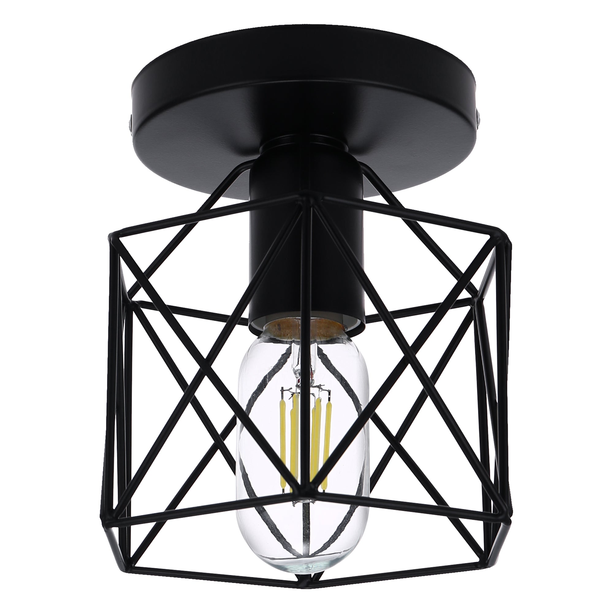 LOHAS LED Retro Industrial Semi-Flush Mount Ceiling Light, Vintage Black Ceiling Light E26, Mini Metal Cage Ceiling Pendant Lighting Lamp Fixture for Hallway, Stairway, Kitchen, Garage.