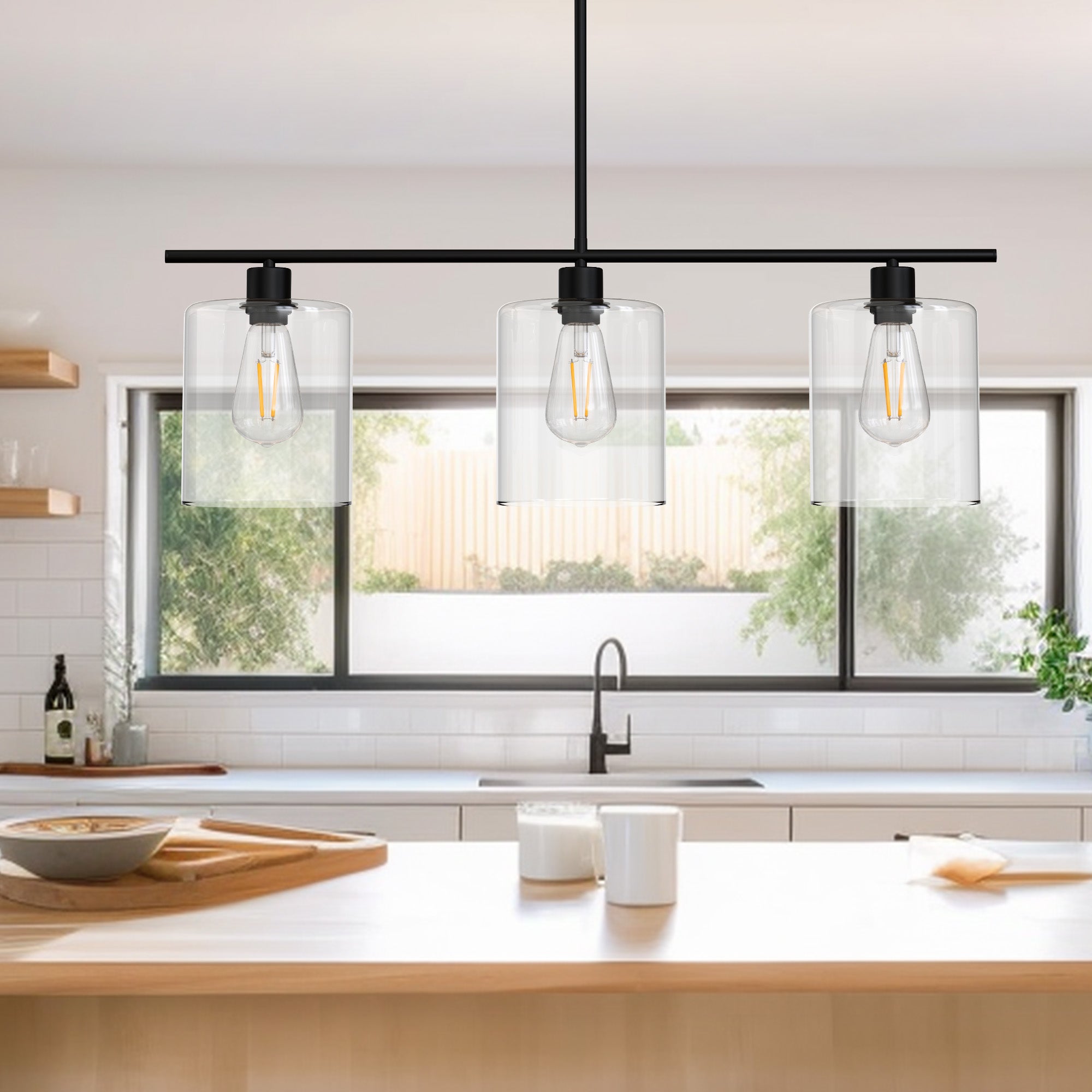 Pendant Light Black Industrial Linear with Clear Glass Shades