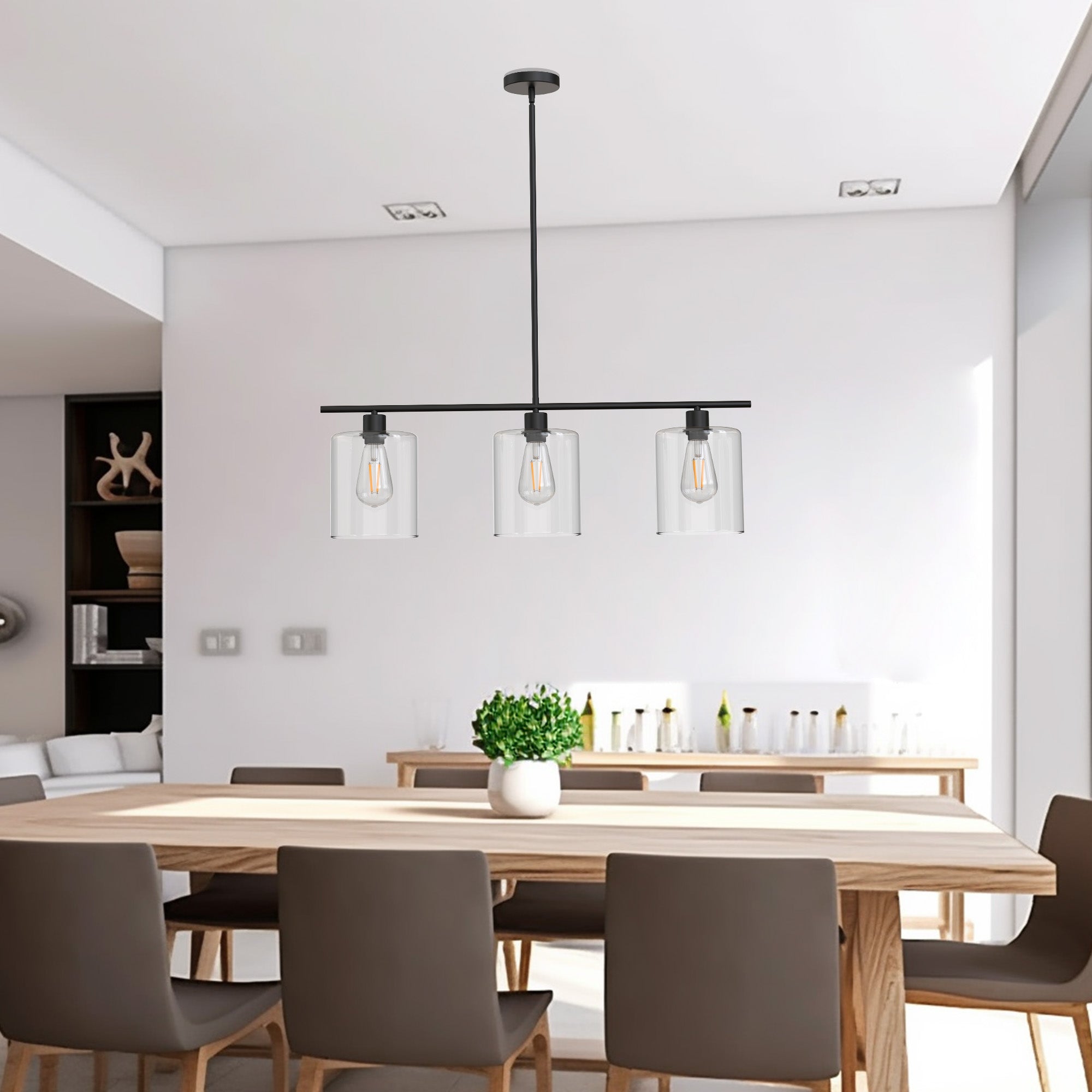 LOHAS LED 3-Light 31 in. Black Industrial Linear Pendant Light with Clear Glass Shades for Dining Room Foyer Kitchen Island