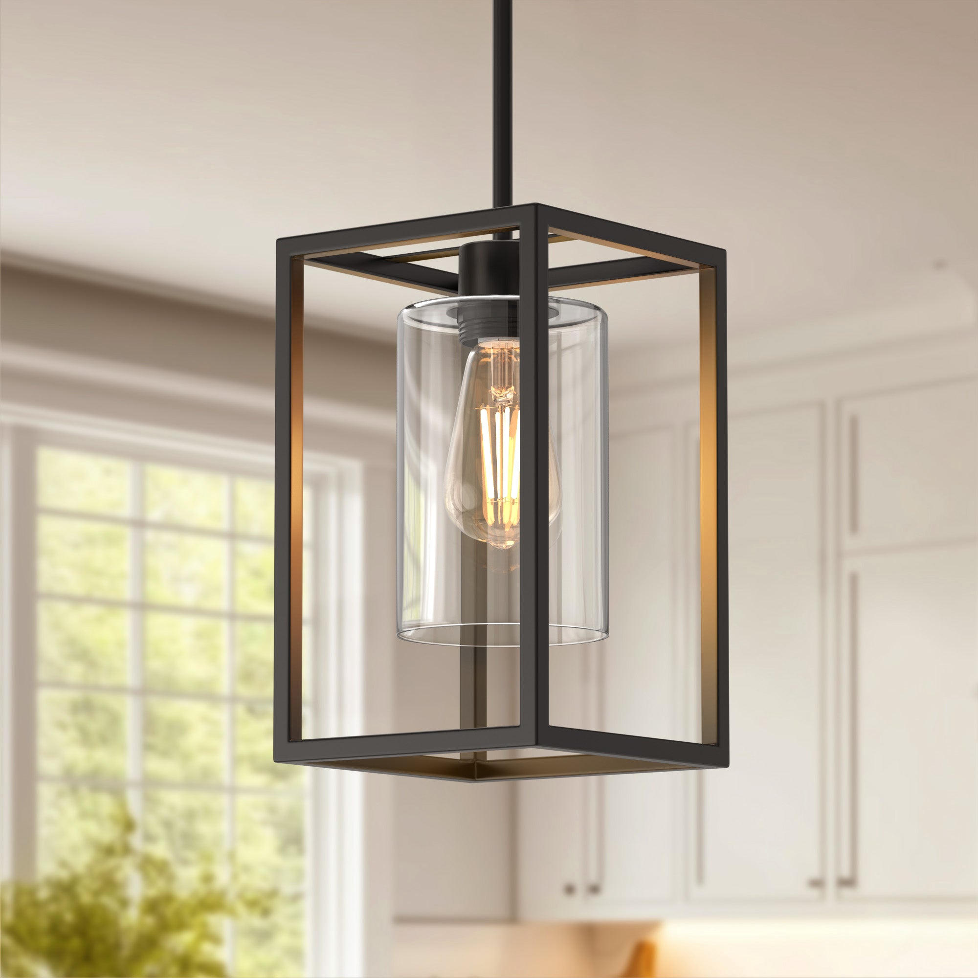 LOHAS LED Vintage 1-Light Classic American Black Pendant Light with Metal Frame and Glass Shade E26 for Dining Room and Kitchen