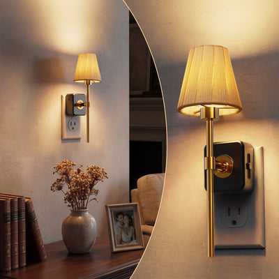 Plug-in Night Light Wall Sconce Style with Pleated Fabric Cover