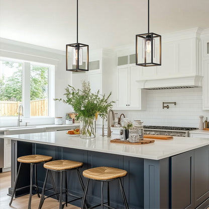 LOHAS LED Vintage 1-Light Classic American Black Pendant Light with Metal Frame and Glass Shade E26 for Dining Room and Kitchen