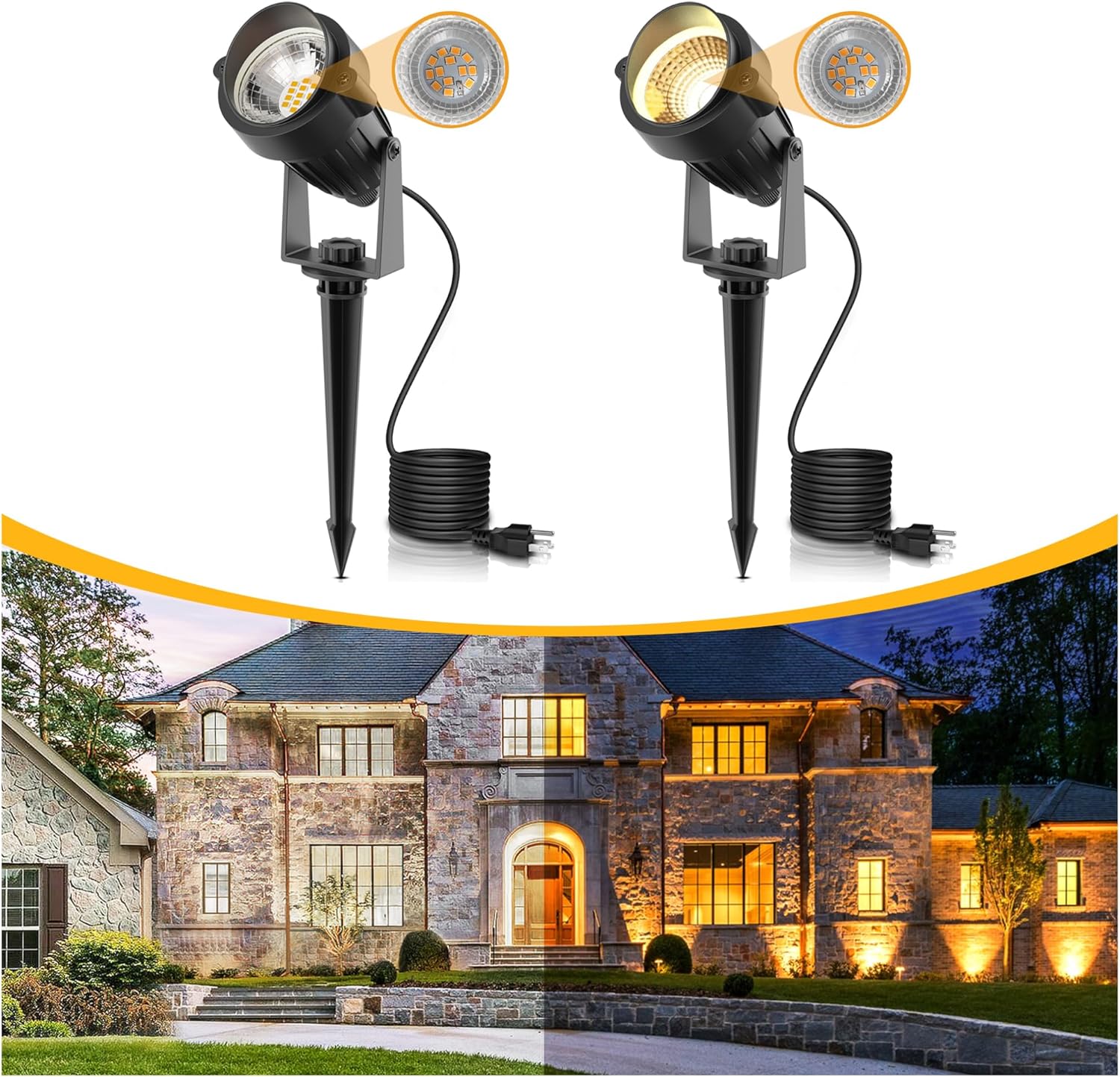 Dusk to Dawn Outdoor LED Spotlights, 5W Photocell Landscape Lights, 2-Pack, IP66, Warm White 3000K, UL Plug