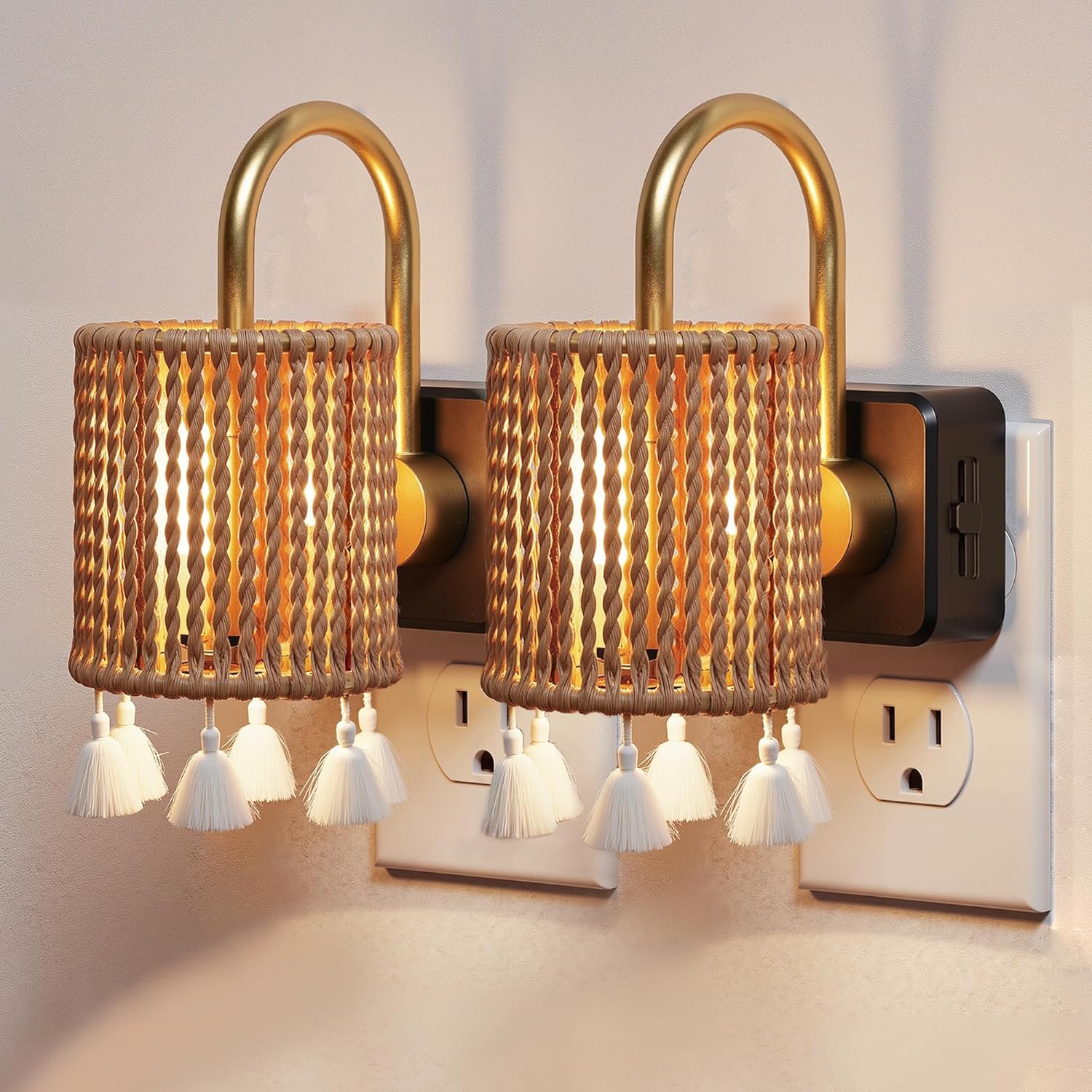 Night Light Boho Tassel Shade, 1W Dimmable, 2-Pack, Plug-in Dusk to Dawn