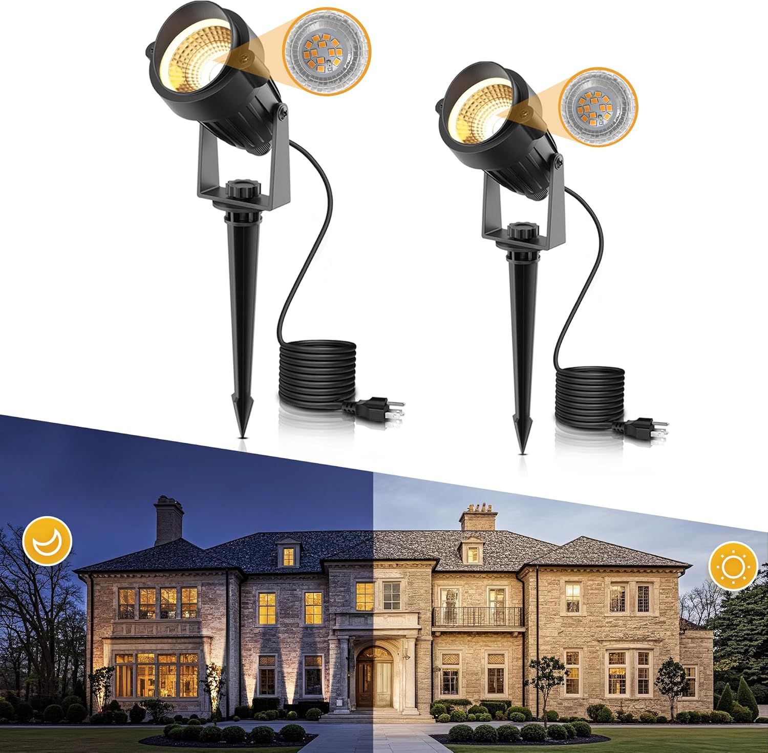 Dusk to Dawn Outdoor LED Spotlights with Heat Sink, 10W Aluminum Landscape Lights, 2-Pack, IP66, Warm White 3000K, UL Plug