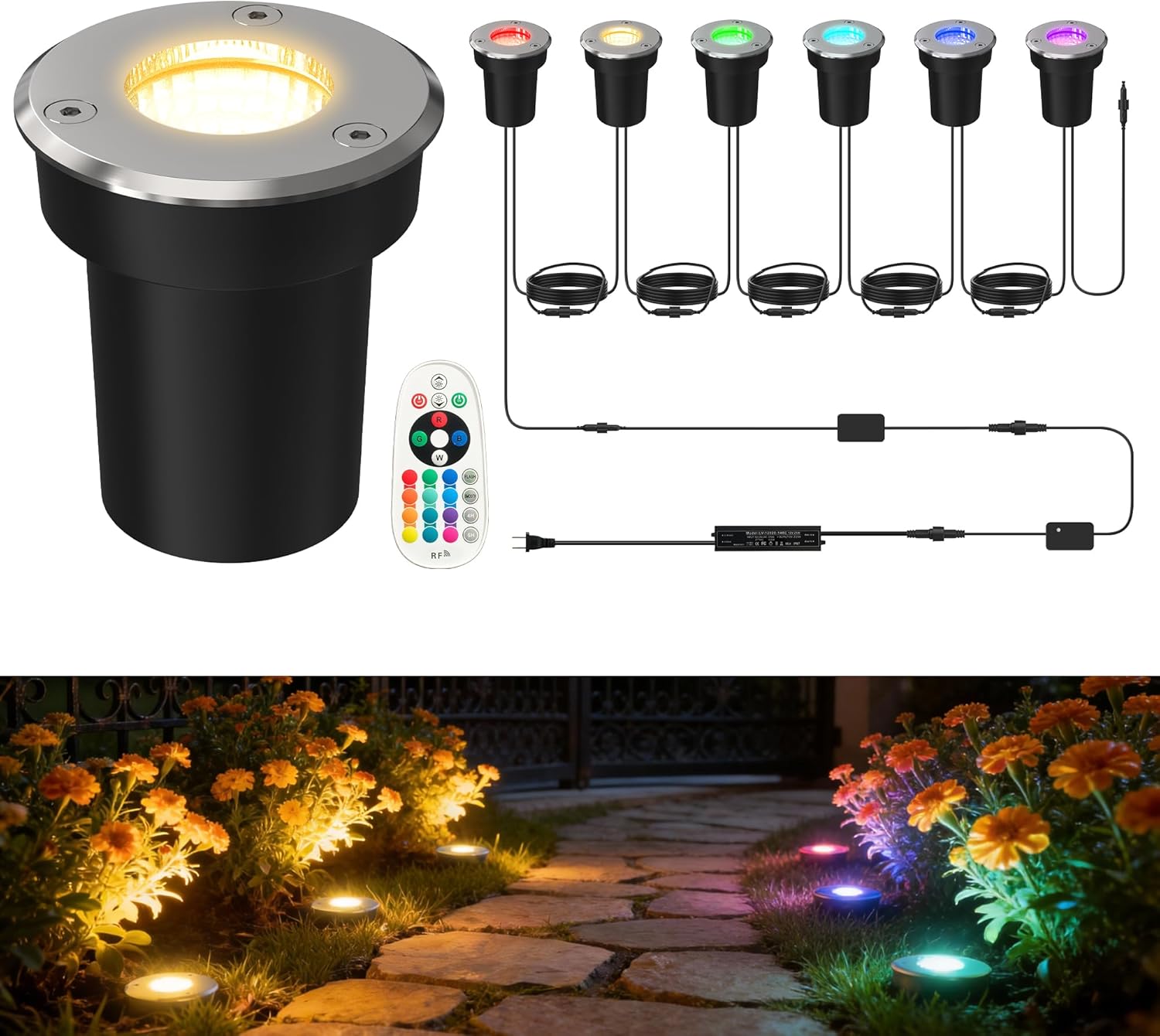 Low Voltage RGBW In-Ground Lights, 6-Head, 12V, Remote Control, IP65, Chrome Finish