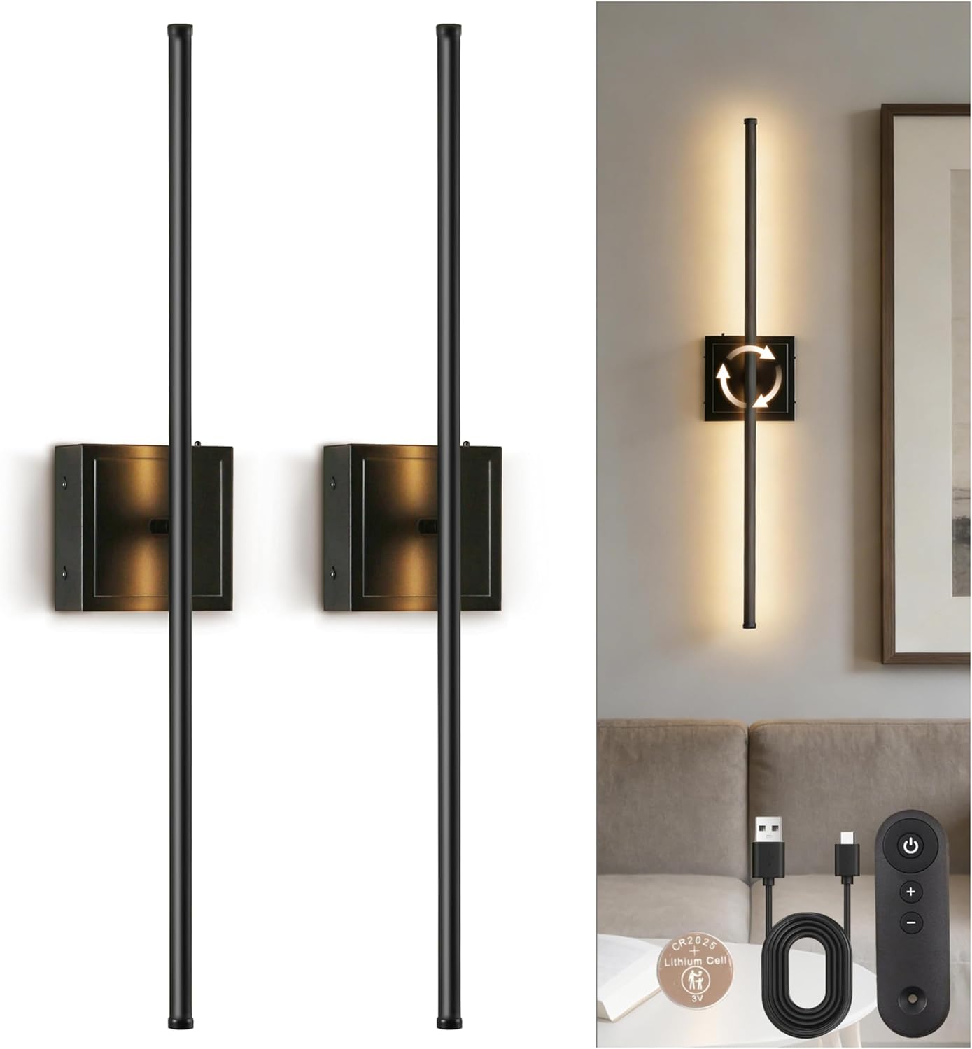 Rechargeable LED Wall Light, 2-Pack, Black, Remote Control Dimmable, 3000K