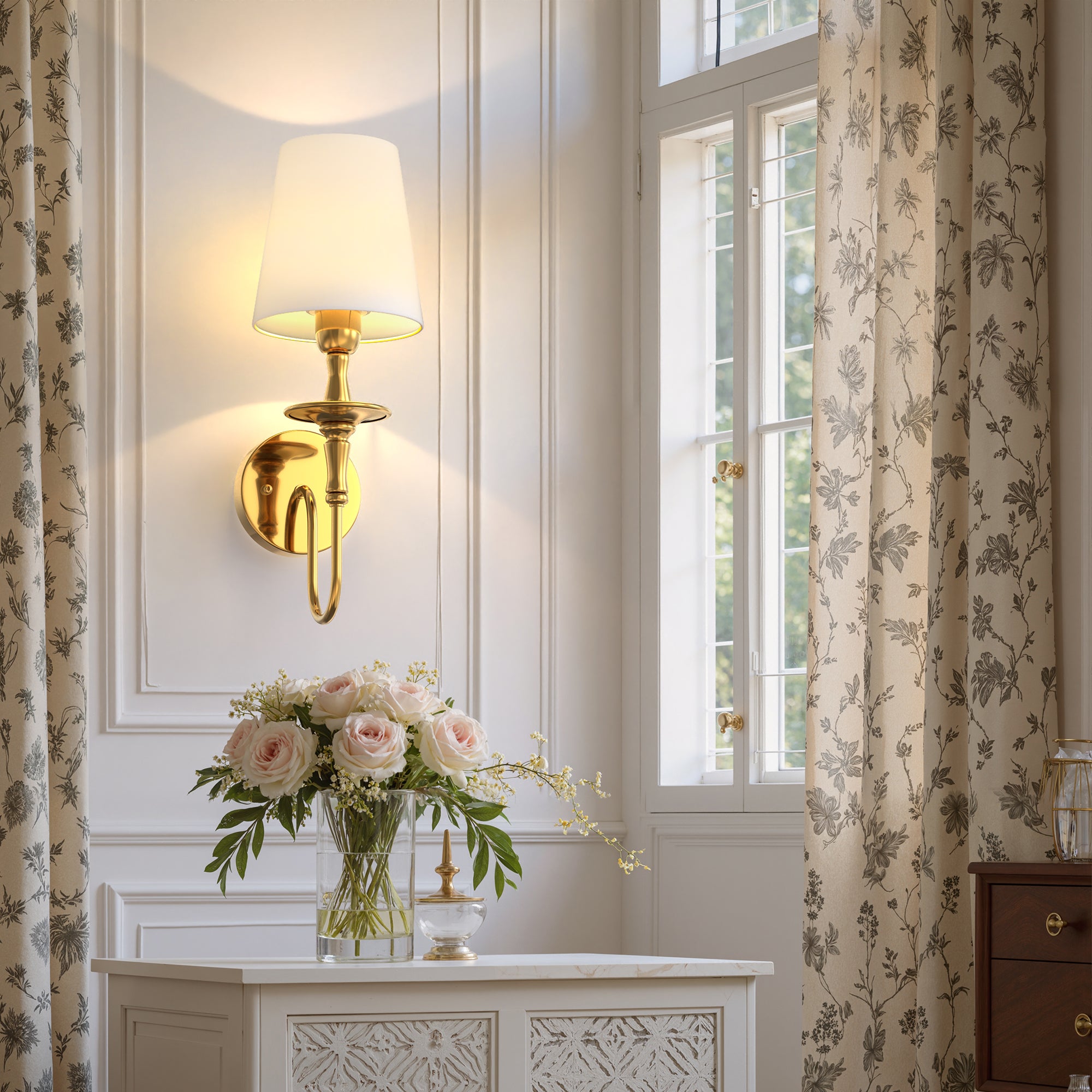 Classic Brushed Gold Wall Sconce with Fabric Shade