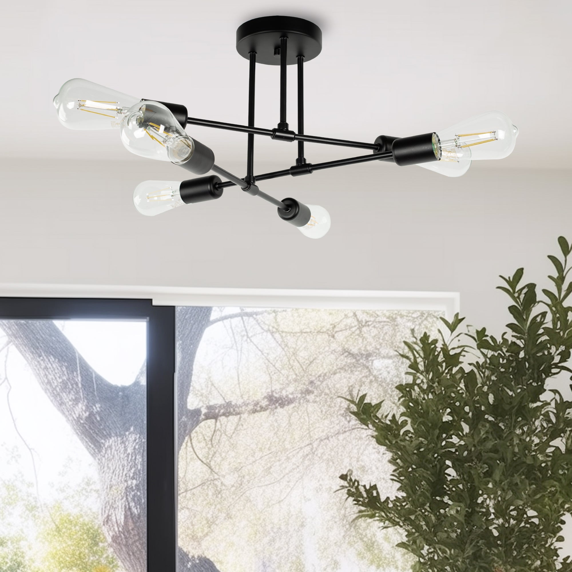 6-Light Semi Flush Mount, Black Sputnik Modern Linear