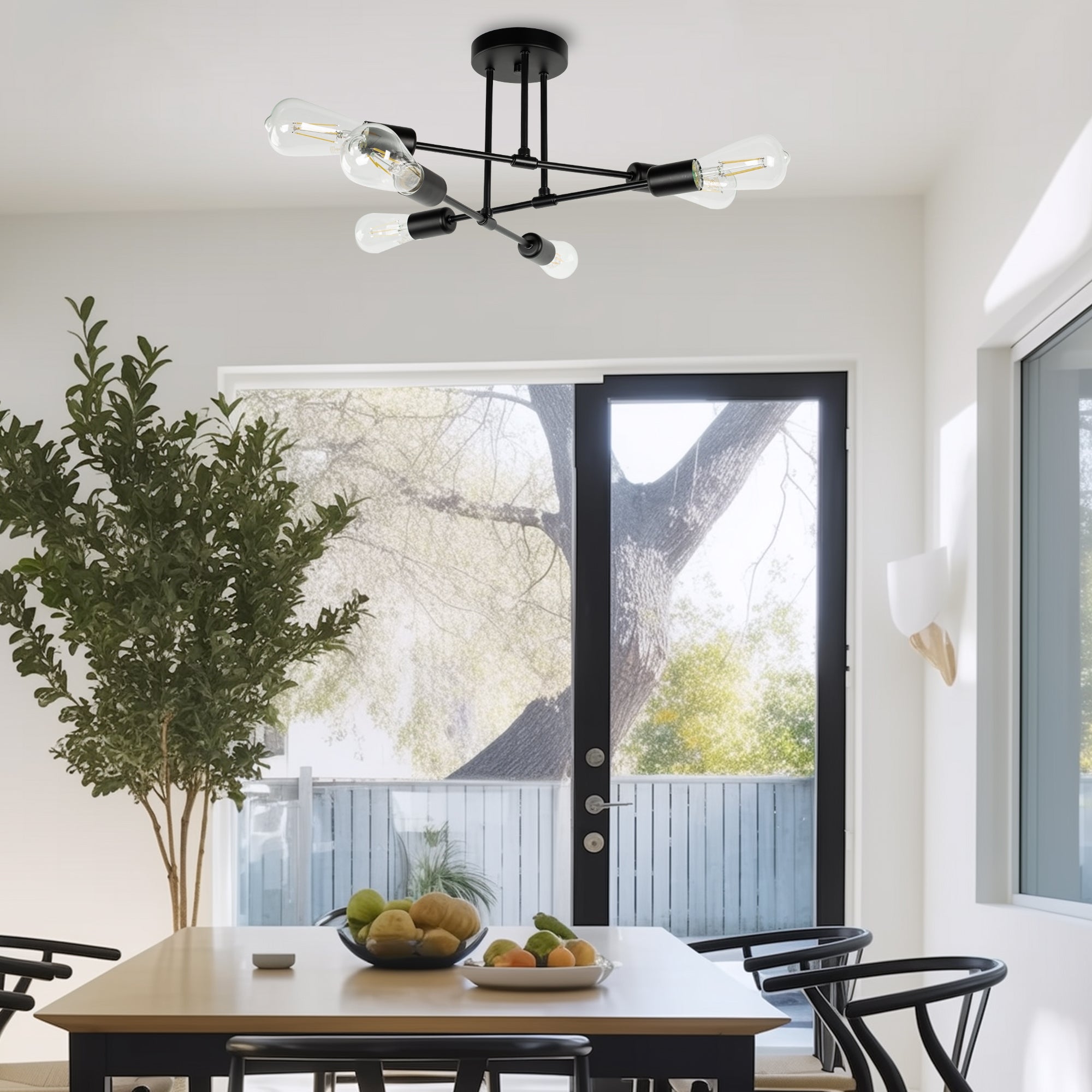 6-Light Semi Flush Mount, Black Sputnik Modern Linear