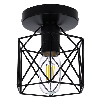 LOHAS LED Retro Industrial Semi-Flush Mount Ceiling Light, Vintage Black Ceiling Light E26, Mini Metal Cage Ceiling Pendant Lighting Lamp Fixture for Hallway, Stairway, Kitchen, Garage.
