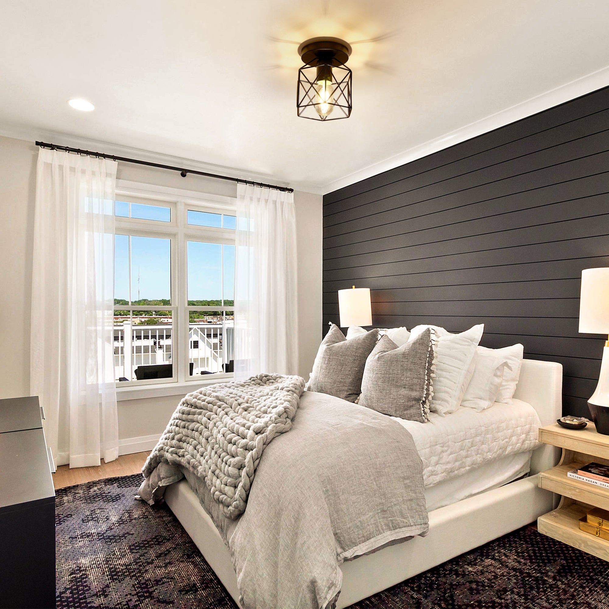 Semi-Flush Mount Ceiling Light with Metal Cage Shade