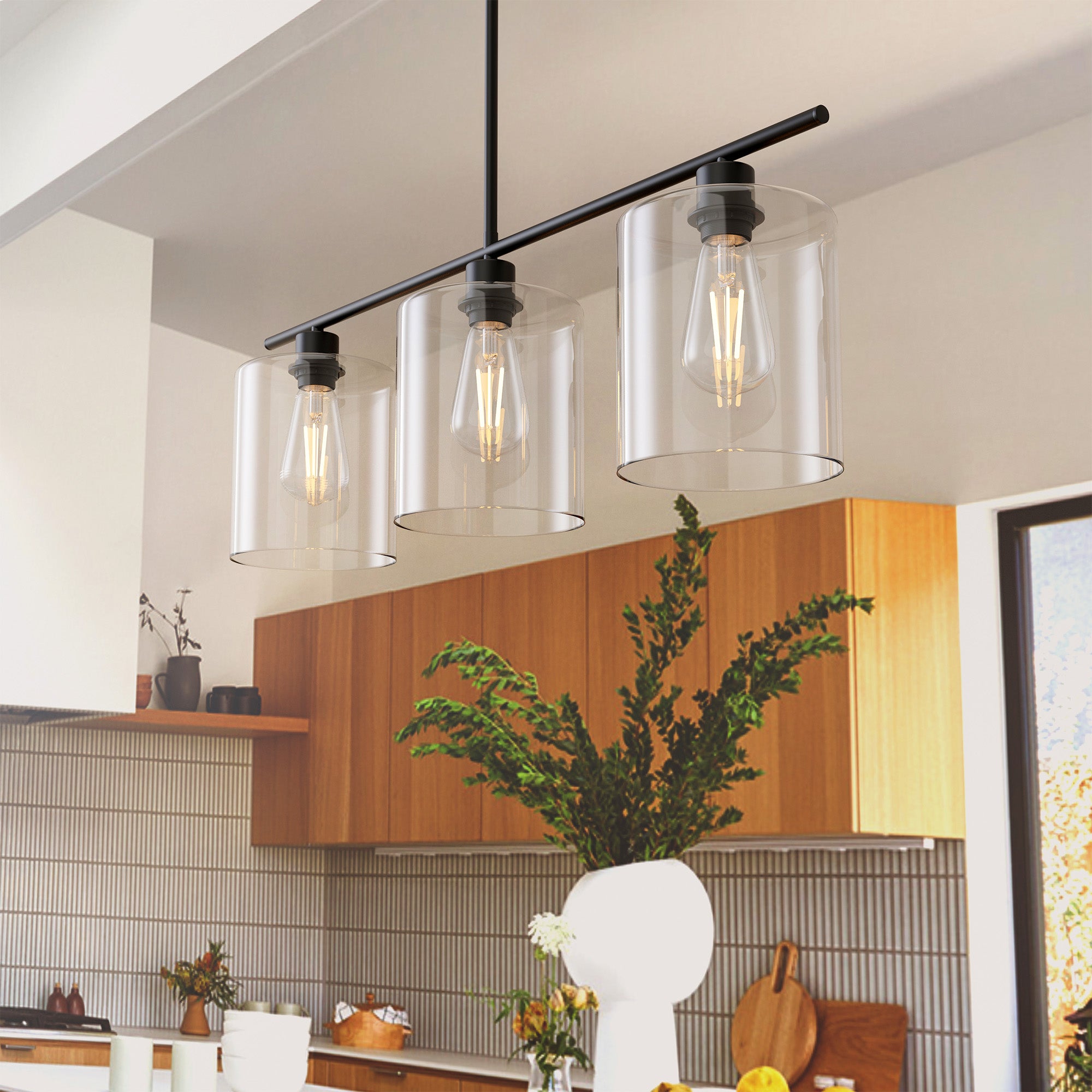 LOHAS LED 3-Light 31 in. Black Industrial Linear Pendant Light with Clear Glass Shades for Dining Room Foyer Kitchen Island