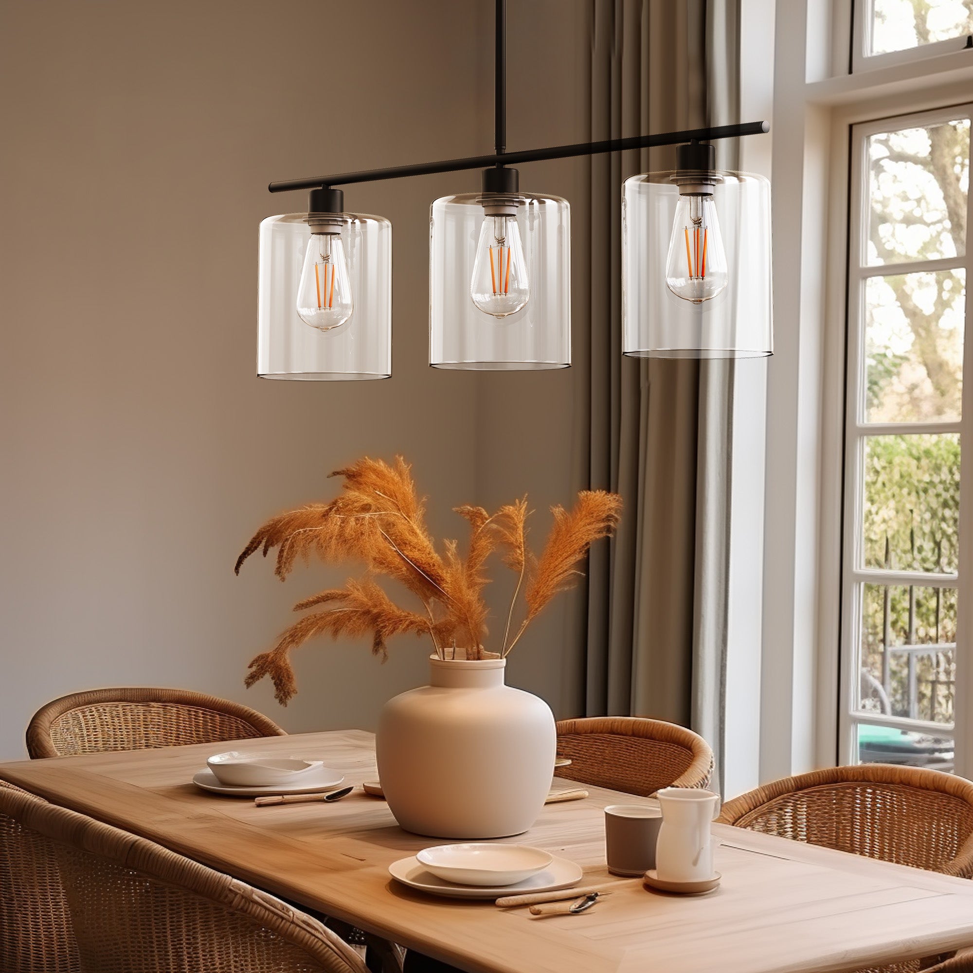 Pendant Light Black Industrial Linear with Clear Glass Shades