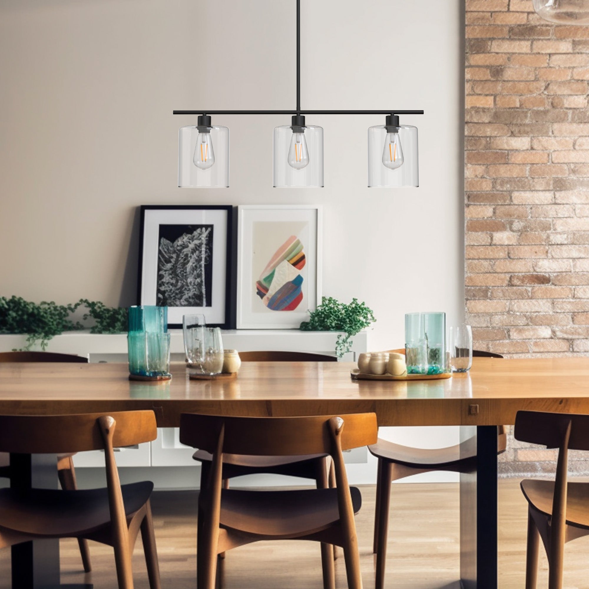 Pendant Light Black Industrial Linear with Clear Glass Shades