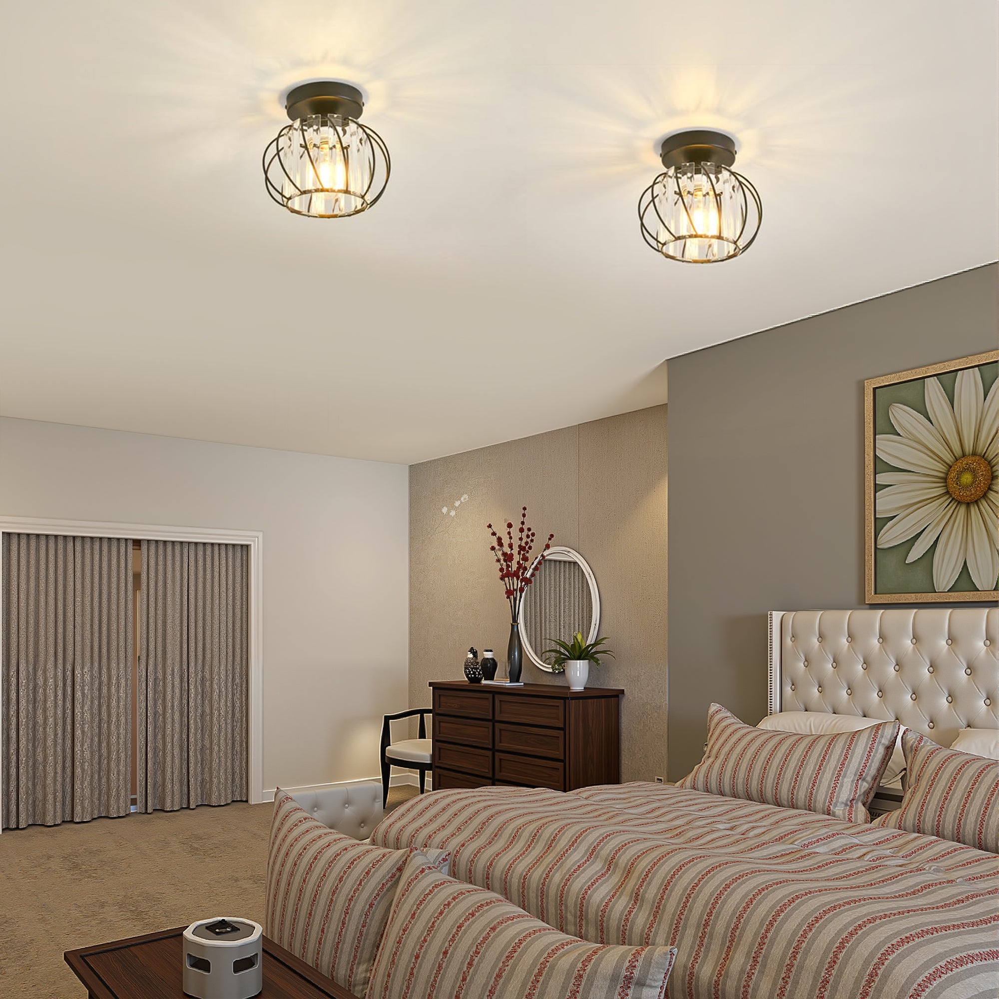 Flush Mount Ceiling Light, Black Modern Crystal Semi  Cage Design