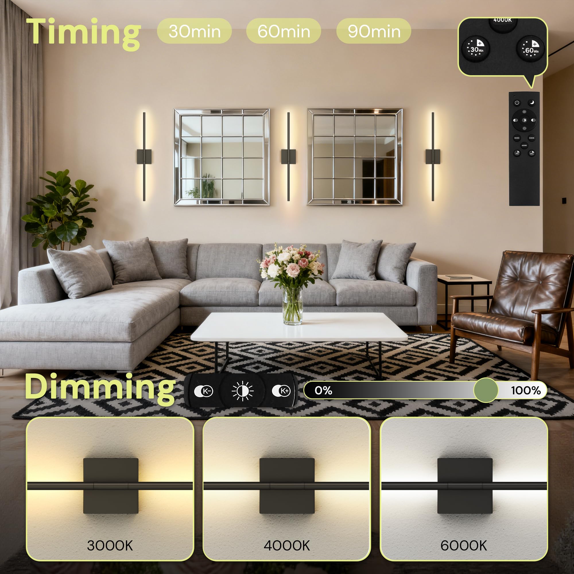 Wall Sconces Modern Line Shape, Battery Operated Wireless